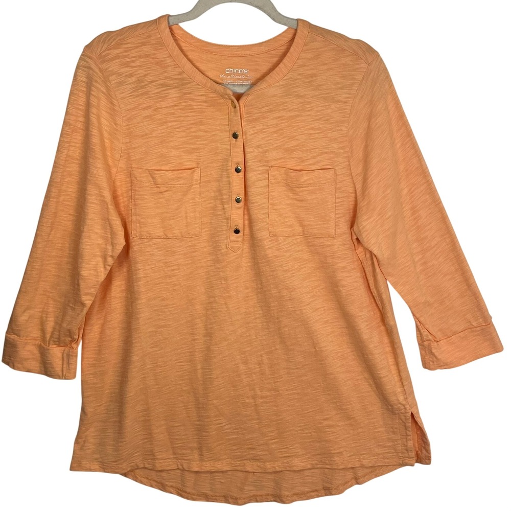 Chicos The Ultimate Tee Henley Top Orange Slub Knit 3/4 Sleeve Size 2 Large